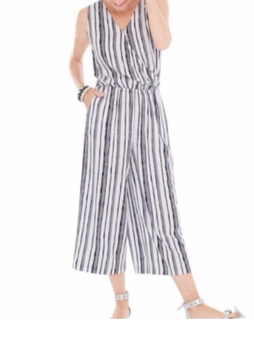 Chico's Black & White Striped Sleeveless Jumpsuit Women Size Small Casual Vacay